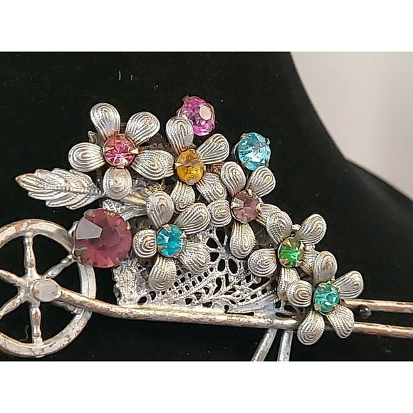 Vintage Garden Wheelbarrow w/Flowers Rhinestones Pin Brooch Costume 3.5" - Picture 5 of 10